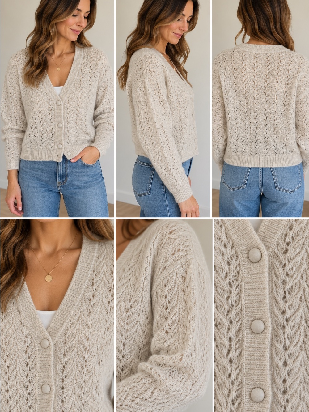 Reitmans Cream Open-Knit V-Neck Button Cardigan